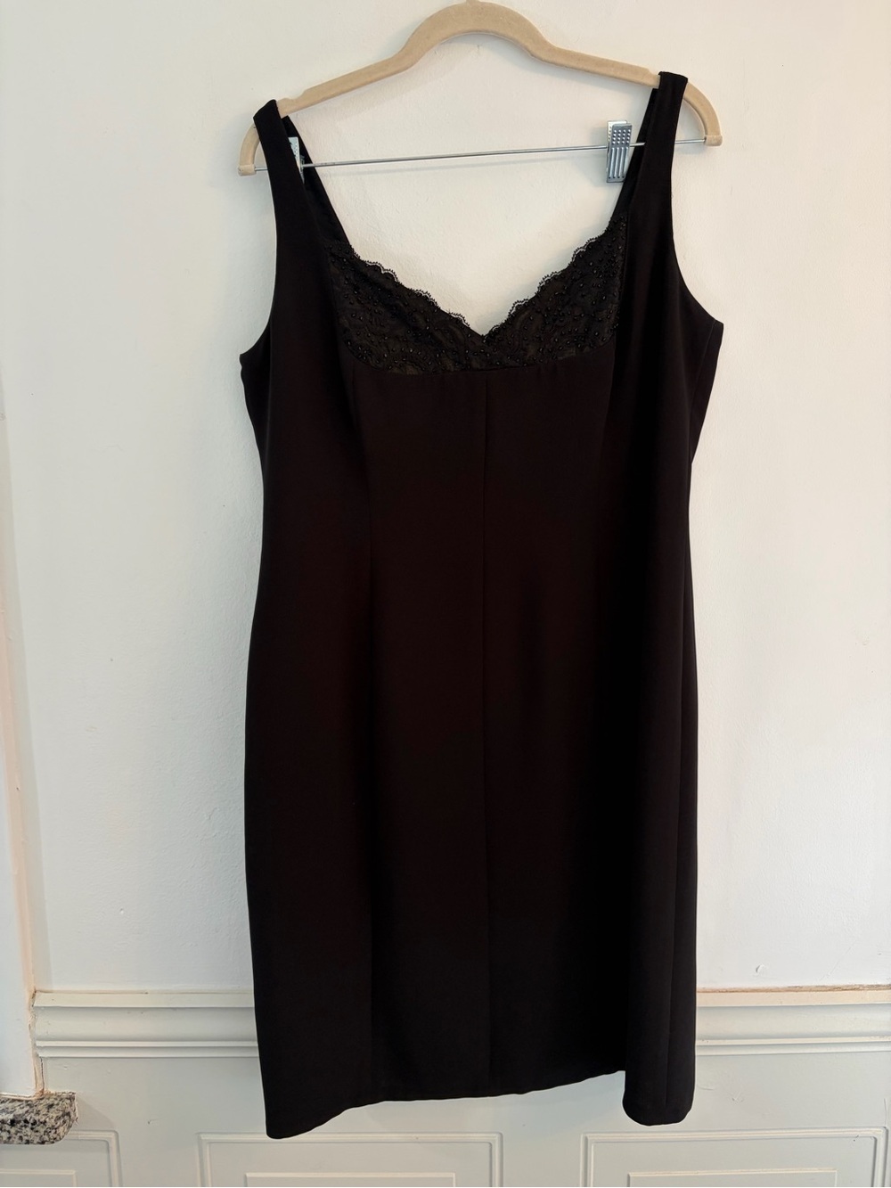 LBD Jones New York Black Slip Dress with Beaded Lace. Size 14P petite